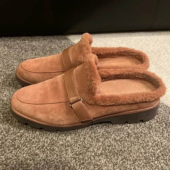 Vionic Kailen Faux Fur Shearling Toffee Genuine Suede Mules - 11 (super clean)