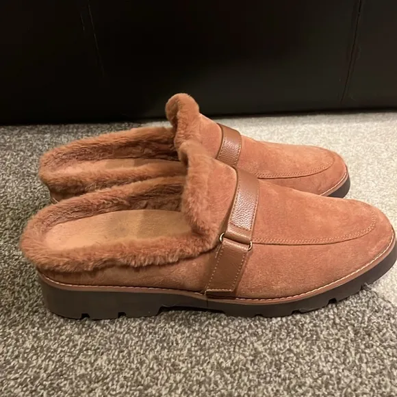 Vionic Kailen Faux Fur Shearling Toffee Genuine Suede Mules - 11 (super clean)