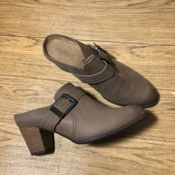 Vionic women heeled clogs, taupe leather upper, stacked heel, 9