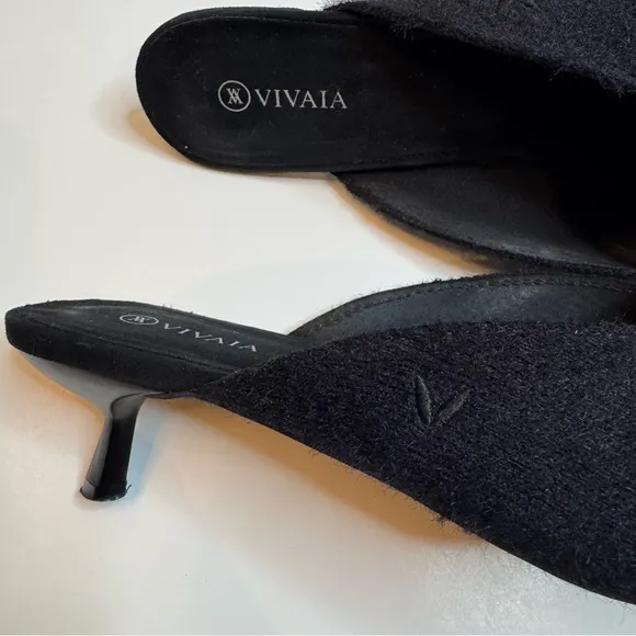 VIVAIA Pointed Toe Black Fuzzy Heeled Mules