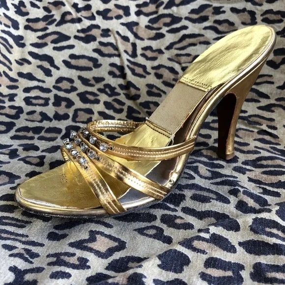 VTG 1950s Rhinestone Studded Gold Springolators High Heel Mules US 5