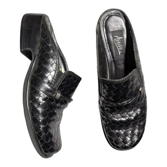 Vtg 1990s Artiva Black Woven Leather Round Toe Open Back Block Heel Mules 8.5