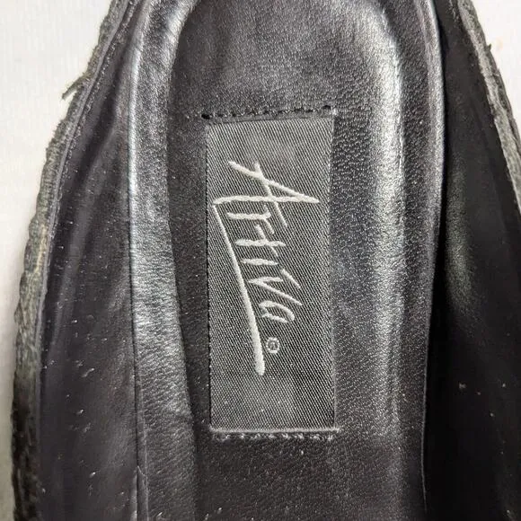 Vtg 1990s Artiva Black Woven Leather Round Toe Open Back Block Heel Mules 8.5