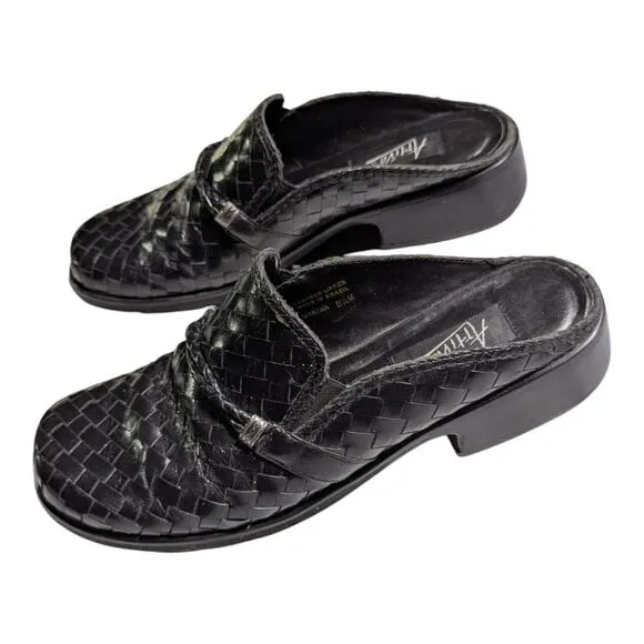 Vtg 1990s Artiva Black Woven Leather Round Toe Open Back Block Heel Mules 8.5
