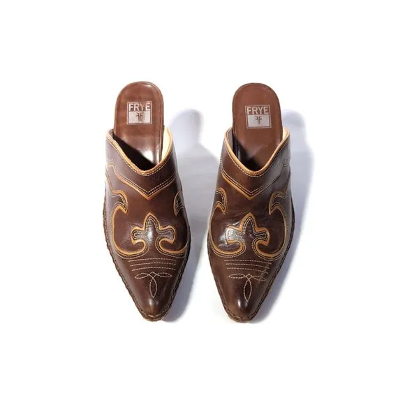 VTG Frye Boots sz 7 Phoenix Mules Embroidered Western Cowgirl Pointed Toe Brown