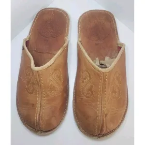Vtg Handmade Mens Sz 10 Tan Leather Mules Slides Mongolian Slippers 1960s