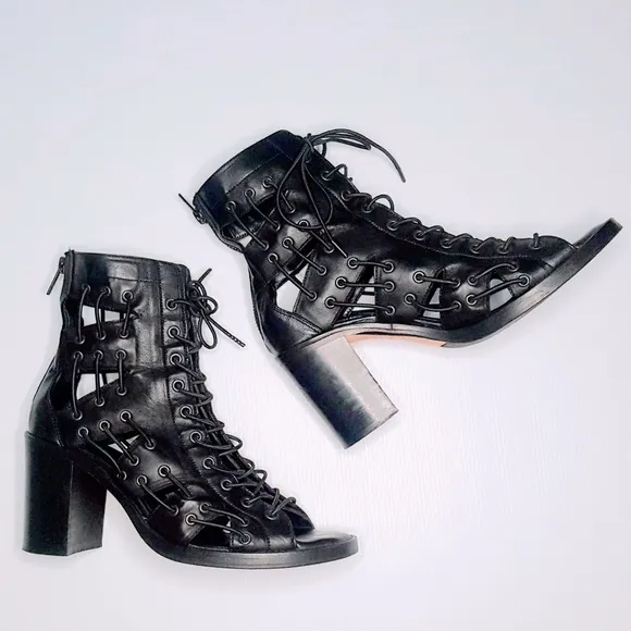 Willow Ankle Boots Size‎ 38 Black Lace Up Leather Strappy Heels Open Toe