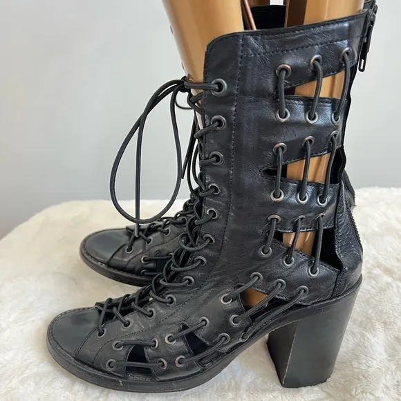 Willow Ankle Boots Size‎ 38 Black Lace Up Leather Strappy Heels Open Toe