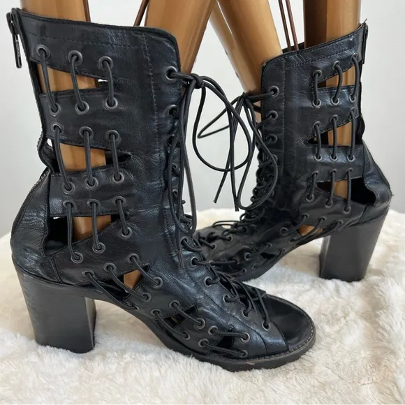 Willow Ankle Boots Size‎ 38 Black Lace Up Leather Strappy Heels Open Toe