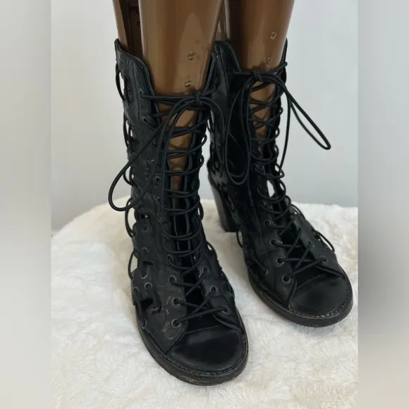 Willow Ankle Boots Size‎ 38 Black Lace Up Leather Strappy Heels Open Toe