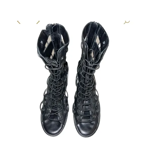 Willow Ankle Boots Size‎ 38 Black Lace Up Leather Strappy Heels Open Toe