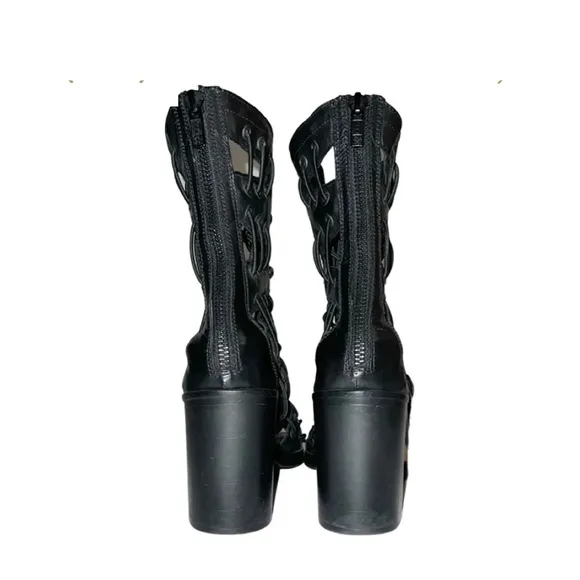 Willow Ankle Boots Size‎ 38 Black Lace Up Leather Strappy Heels Open Toe