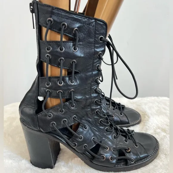 Willow Ankle Boots Size‎ 38 Black Lace Up Leather Strappy Heels Open Toe