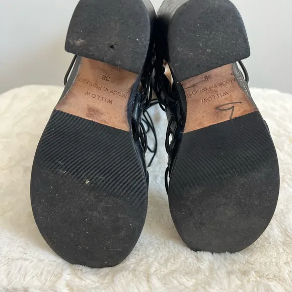 Willow Ankle Boots Size‎ 38 Black Lace Up Leather Strappy Heels Open Toe