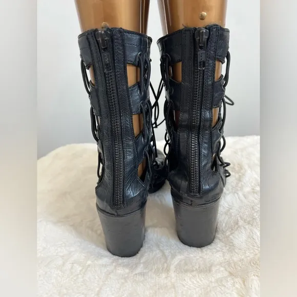 Willow Ankle Boots Size‎ 38 Black Lace Up Leather Strappy Heels Open Toe