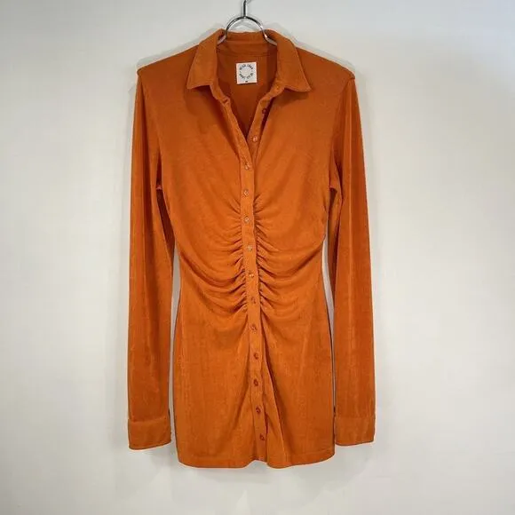 With Jean | Andy Dress Maple Ruched Front Slinky Shirt Dress Orange XS