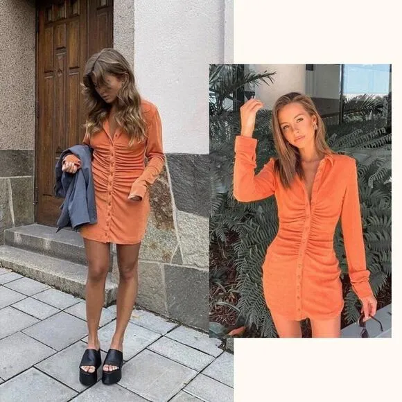 With Jean | Andy Dress Maple Ruched Front Slinky Shirt Dress Orange XS