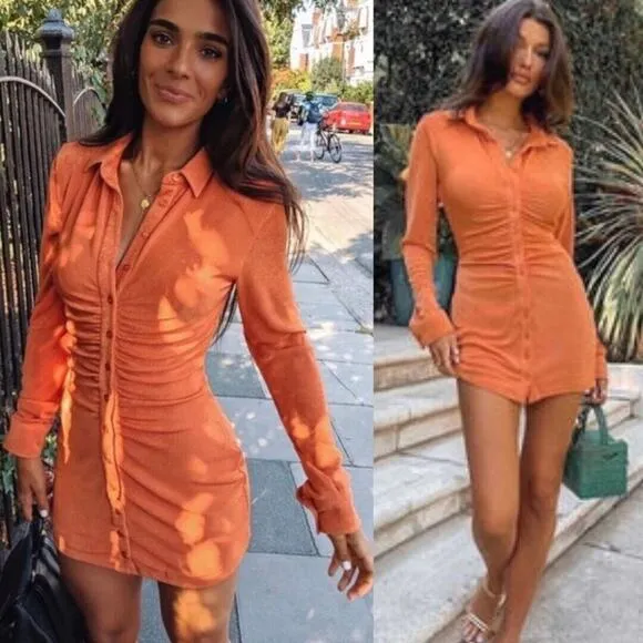 With Jean | Andy Dress Maple Ruched Front Slinky Shirt Dress Orange XS