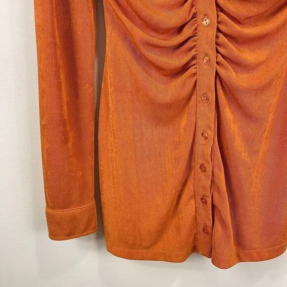 With Jean | Andy Dress Maple Ruched Front Slinky Shirt Dress Orange XS