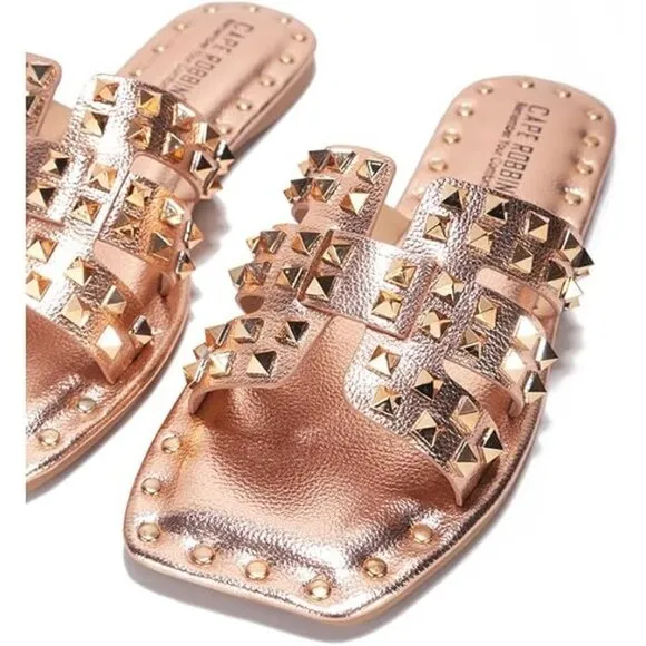 Womens Sandals Rose Gold Studded Open-toe Summer Slides - Slip-On Sandals SIZE 9