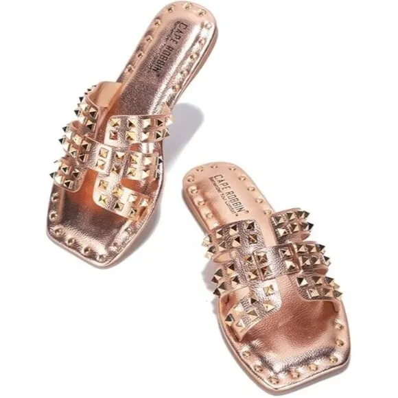Womens Sandals Rose Gold Studded Open-toe Summer Slides - Slip-On Sandals SIZE 9