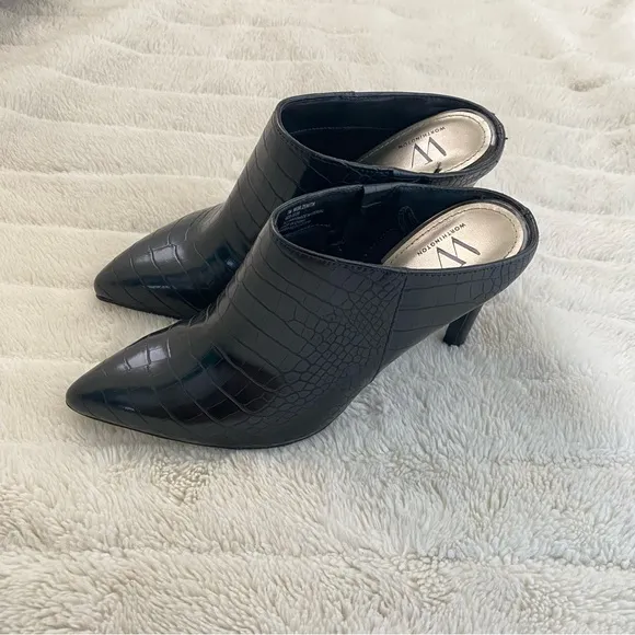 Worthington New Black Croc Textured Pointy Toe Mules Heels Size 7