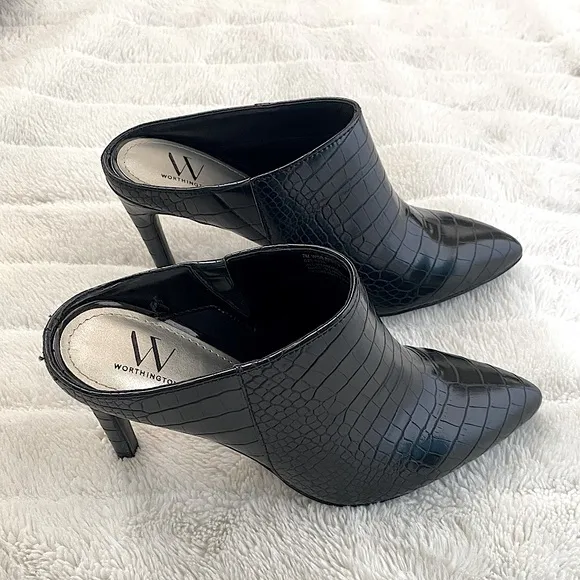 Worthington New Black Croc Textured Pointy Toe Mules Heels Size 7