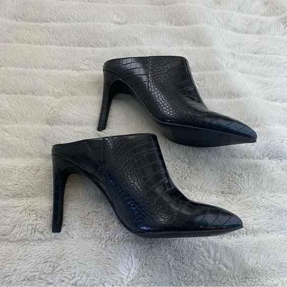 Worthington New Black Croc Textured Pointy Toe Mules Heels Size 7