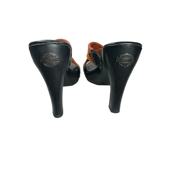 Y2K Harley Davidson Black And Orange- Leather Heeled Mules Open Toe Size 7