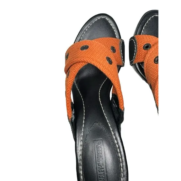 Y2K Harley Davidson Black And Orange- Leather Heeled Mules Open Toe Size 7