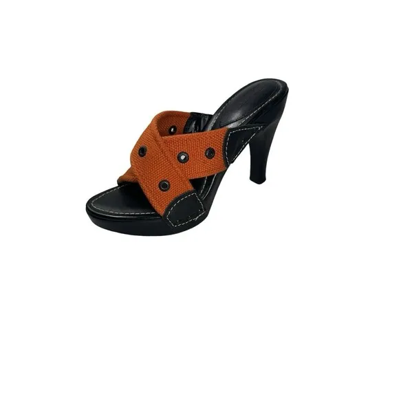 Y2K Harley Davidson Black And Orange- Leather Heeled Mules Open Toe Size 7