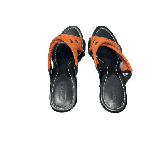 Y2K Harley Davidson Black And Orange- Leather Heeled Mules Open Toe Size 7