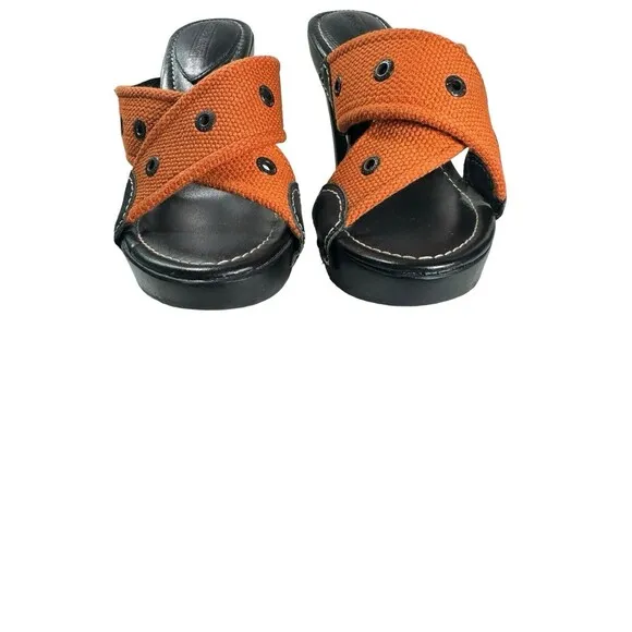 Y2K Harley Davidson Black And Orange- Leather Heeled Mules Open Toe Size 7