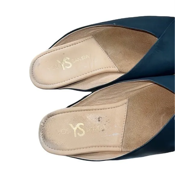 Yosi Samra Valentina Blue Leather‎ Point Toe Mules Flats