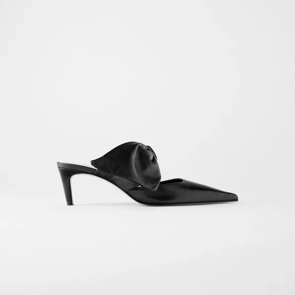 ZARA 100% LEATHER BLACK SLINGBACK HEELS WITH BOW NEW WITH TAGS US 6.5 EUR 37