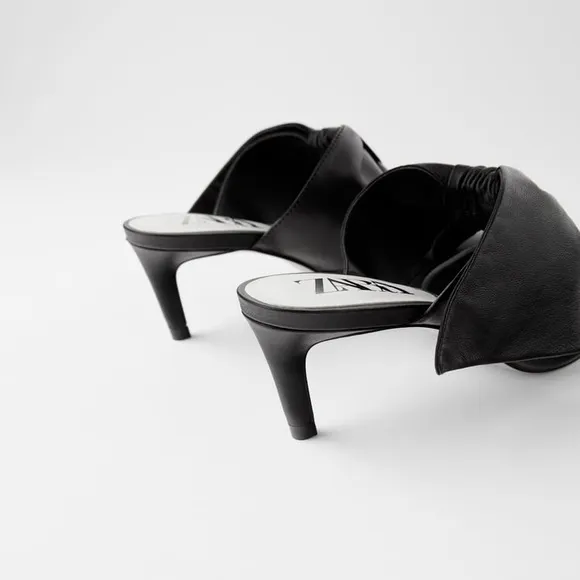 ZARA 100% LEATHER BLACK SLINGBACK HEELS WITH BOW NEW WITH TAGS US 6.5 EUR 37