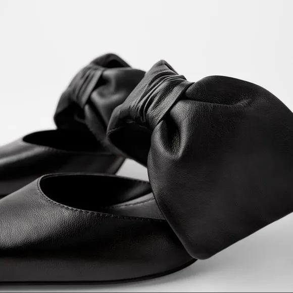 ZARA 100% LEATHER BLACK SLINGBACK HEELS WITH BOW NEW WITH TAGS US 6.5 EUR 37