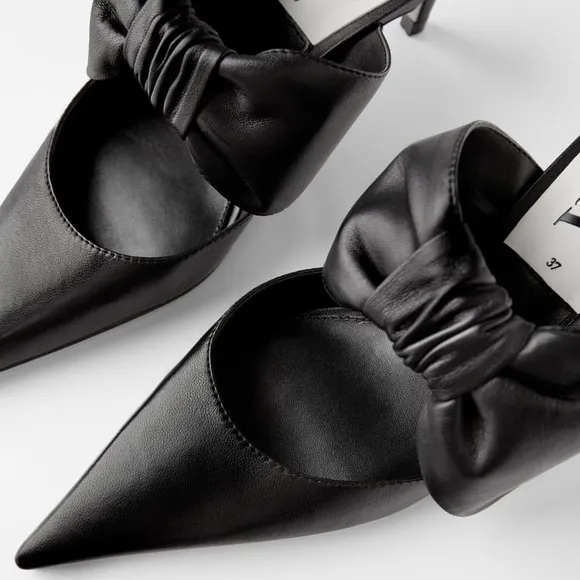 ZARA 100% LEATHER BLACK SLINGBACK HEELS WITH BOW NEW WITH TAGS US 6.5 EUR 37