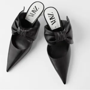 ZARA 100% LEATHER BLACK SLINGBACK HEELS WITH BOW NEW WITH TAGS US 6.5 EUR 37