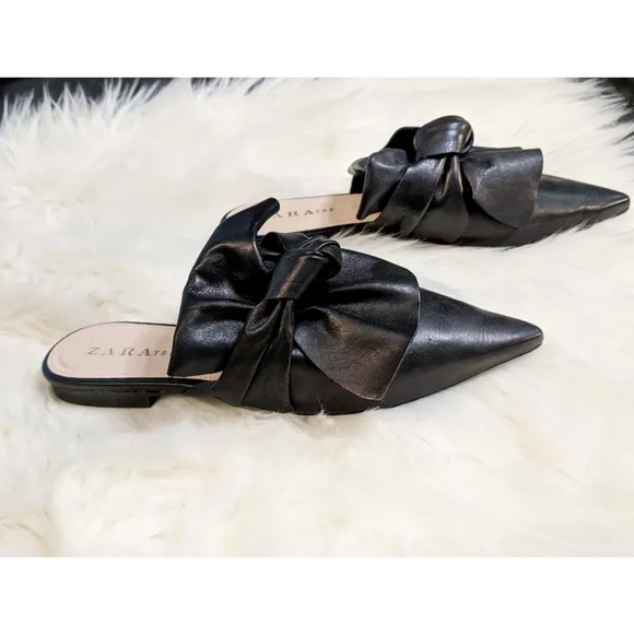Zara Black Leather Pointed Toe Mules With Bow Size 6