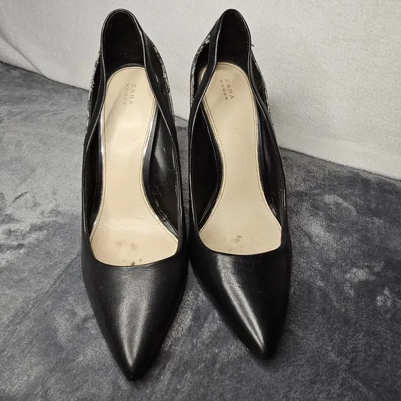 Zara Black Snakeskin Print  Pointed Toe Heels
