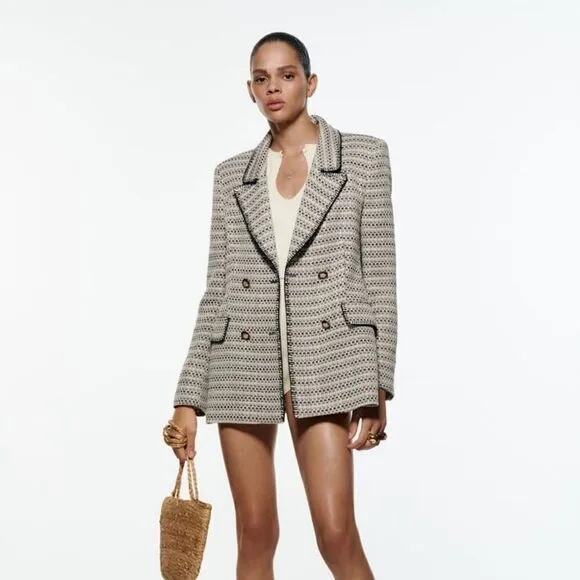 ZARA BLOGGERS FAV TEXTURED SAND AND BLUE BLAZER NWT chanelish style