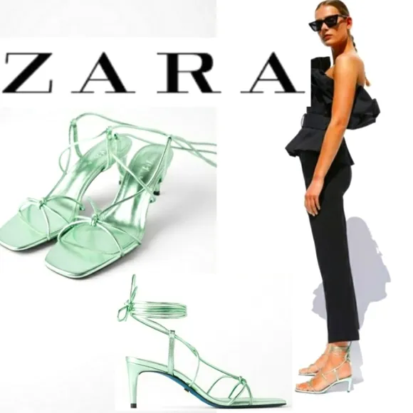 ZARA BLUE COLLECTION GREEN METALLIC LEATHER HEELS