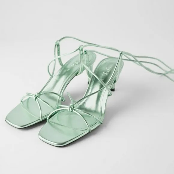 ZARA BLUE COLLECTION GREEN METALLIC LEATHER HEELS