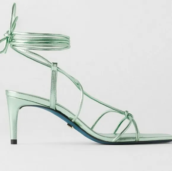ZARA BLUE COLLECTION GREEN METALLIC LEATHER HEELS