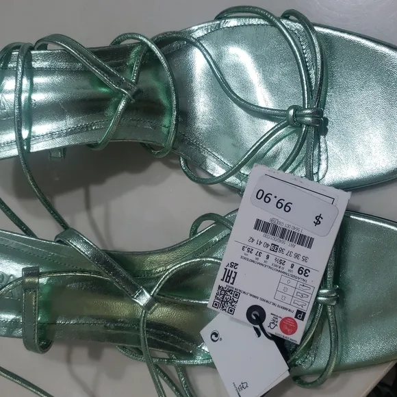ZARA BLUE COLLECTION GREEN METALLIC LEATHER HEELS