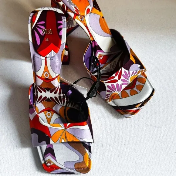 Zara Colorful Psychedellic Print Square toe Slides 36
