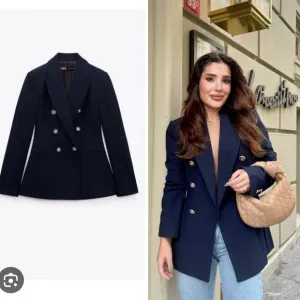 ZARA * DOUBLE BREASTED BLAZER NAVY PIQUE BLAZER