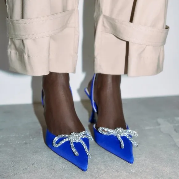 Zara Embellished Bow Heeled Slingbacks NWT