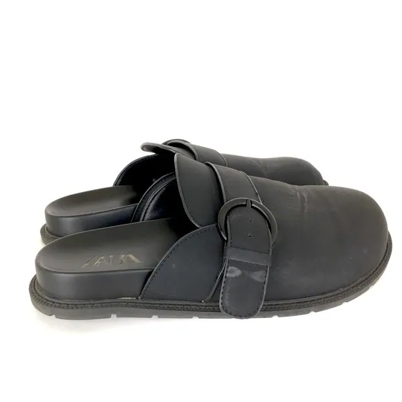 Zara Mens Black Leather Buckle Clogs Chunky Slide Sandal Slip On Shoes Mules